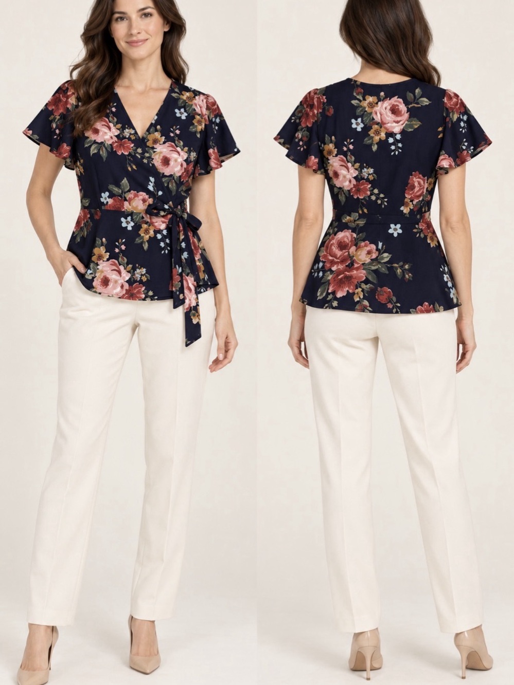 Monteau Navy Floral Flutter Sleeve Wrap-Style Peplum Top – XL